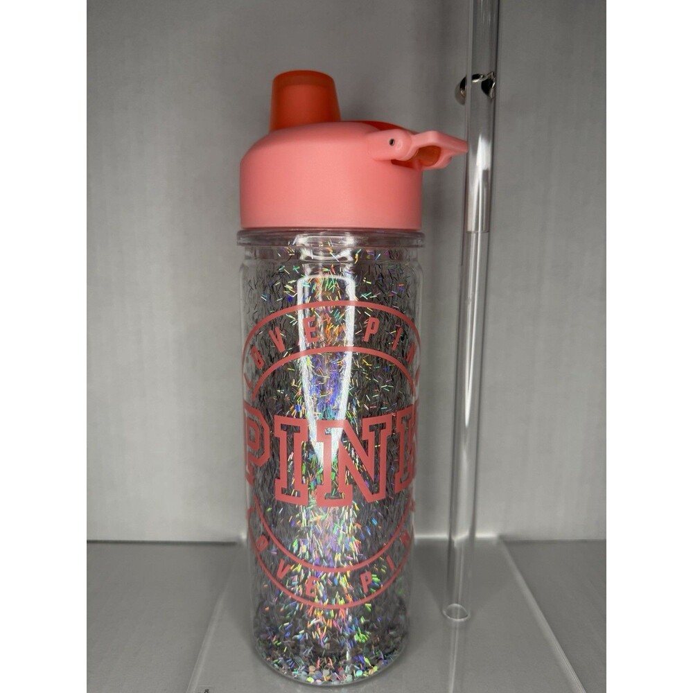 VICTORIA SECRET PINK LOGO COLLEGIATE GLITTER WATER BOTTLE PLASTIC 32 OZ